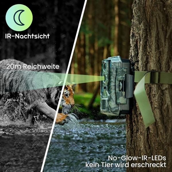 Profi 4K-Wildkamera mit IR-Nachtsicht-, Zeitraffer- & Timerfunktion, PIR Sensor, Dual Lens, Mikrofon, Multi-Shot, IP65