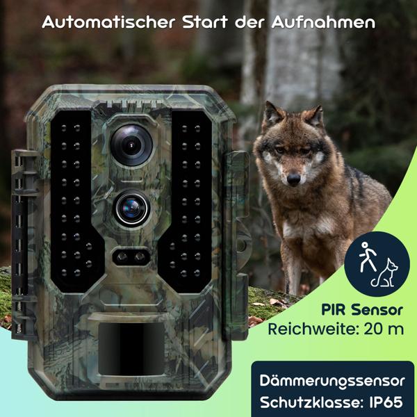 Profi 4K-Wildkamera mit IR-Nachtsicht-, Zeitraffer- & Timerfunktion, PIR Sensor, Dual Lens, Mikrofon, Multi-Shot, IP65