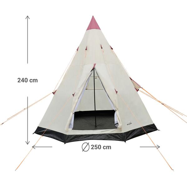 3-Personen Tipi-Zelt Ø 2,5m - Wasserabweisend, integrierte Bodenplane - Insektennetz 170x220cm - Schutz vor Mücken - Polyester - Creme