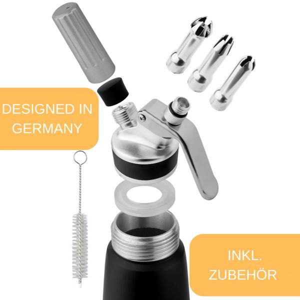 500ml Sahnespender Set: edles schwarz, 3 Aufsätze & Bürste - Professionelle Schlagsahne, einfache Zubereitung für Desserts & Kaffee