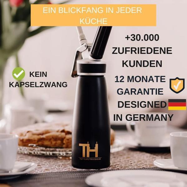 500ml Sahnespender Set: edles schwarz, 3 Aufsätze & Bürste - Professionelle Schlagsahne, einfache Zubereitung für Desserts & Kaffee