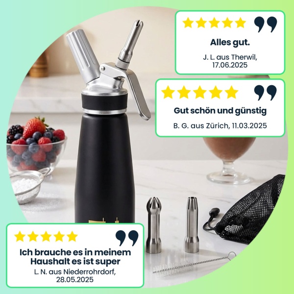500ml Sahnespender Set: edles schwarz, 3 Aufsätze & Bürste - Professionelle Schlagsahne, einfache Zubereitung für Desserts & Kaffee