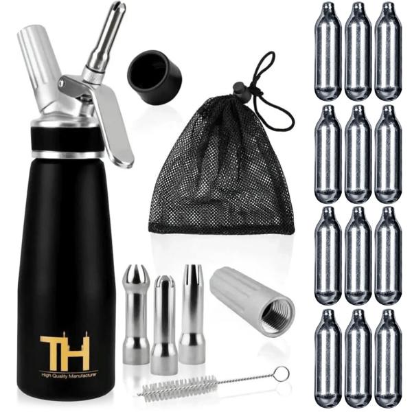 Vielseitiger Sahnespender: 500ml, schwarz, 12 Kapseln, 3 Düsen, Bürste - Für Desserts, Kaffee, Cocktails - Rahmbläser für Gastronomie & Zuhause