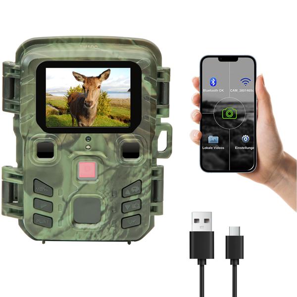 Wildkamera 2K WLAN, Bewegungsmelder, Nachtsicht, Live View per App, Farbdisplay, Mikro, Bluetooth, Zeitraffer- & Serienbild, Stand-By 6 Mo, IPX5