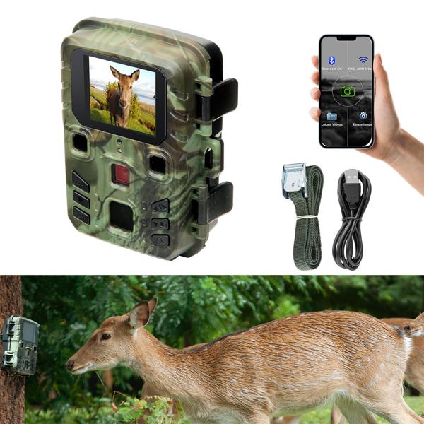 Wildkamera 2K WLAN, Bewegungsmelder, Nachtsicht, Live View per App, Farbdisplay, Mikro, Bluetooth, Zeitraffer- & Serienbild, Stand-By 6 Mo, IPX5