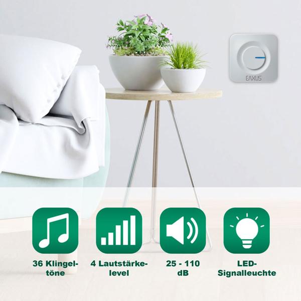 Kabellose Türklingel, batteriefrei, weiss: LED-Anzeige, 36 Melodien & IP44-Schutz. Zuverlässige & moderne Funk-Klingel für Ihr Zuhause.