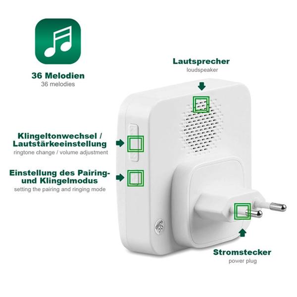 Kabellose Türklingel, batteriefrei, weiss: LED-Anzeige, 36 Melodien & IP44-Schutz. Zuverlässige & moderne Funk-Klingel für Ihr Zuhause.