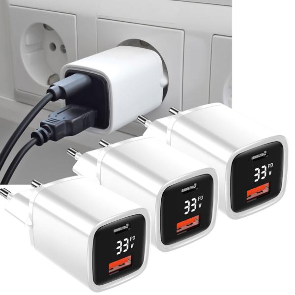 3er-Set Leistungsstarkes USB Netzteil Dual Port, USB-C und USB-A, 33 Watt Schnellladegerät, weiss - schwarz, Power Delivery und Quick Charge