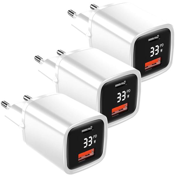 3er-Set Leistungsstarkes USB Netzteil Dual Port, USB-C und USB-A, 33 Watt Schnellladegerät, weiss - schwarz, Power Delivery und Quick Charge