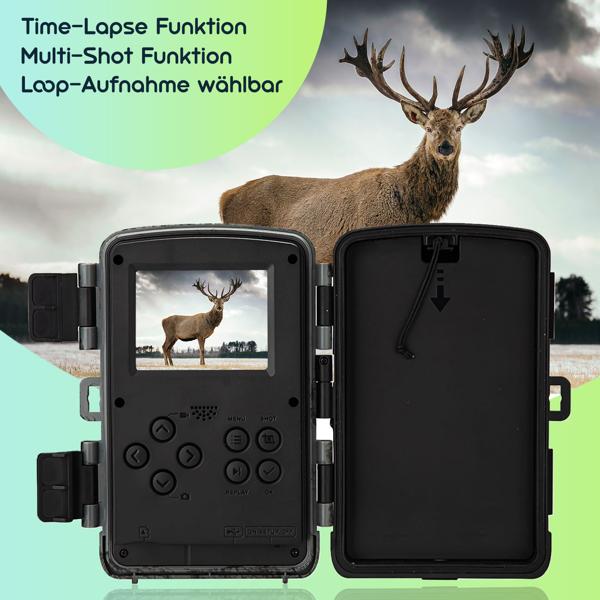 4K-UHD-Wildkamera mit 2 PIR Bewegungsmeldern, Smartphone Live Übertragung, Nachtsicht mit 42 IR LEDs, Farbmonitor, WLAN, Stand-by 8 Monate, IP65