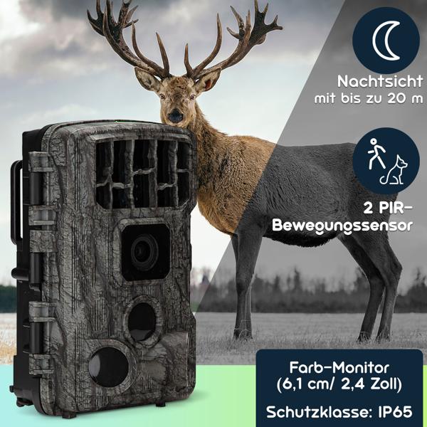 4K-UHD-Wildkamera mit 2 PIR Bewegungsmeldern, Smartphone Live Übertragung, Nachtsicht mit 42 IR LEDs, Farbmonitor, WLAN, Stand-by 8 Monate, IP65