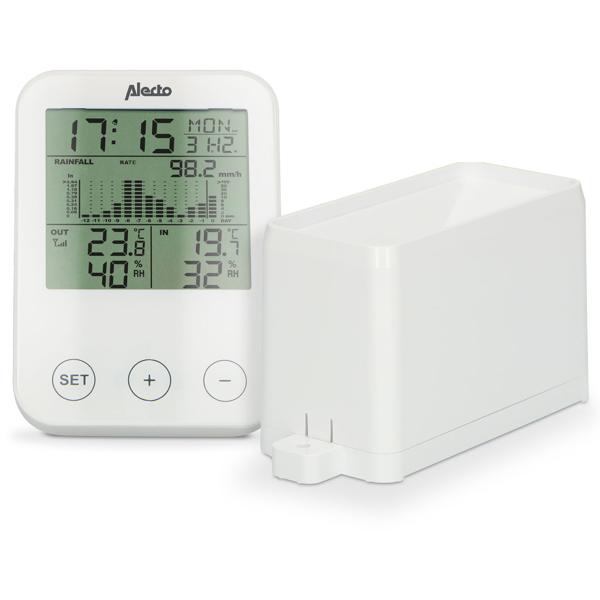 Wetterstation mit kabellosem Aussensensor – Misst Temperatur, Niederschlag & Funk-Wecker – 3.8" Display, 30m Reichweite, Min/Max-Speicherung