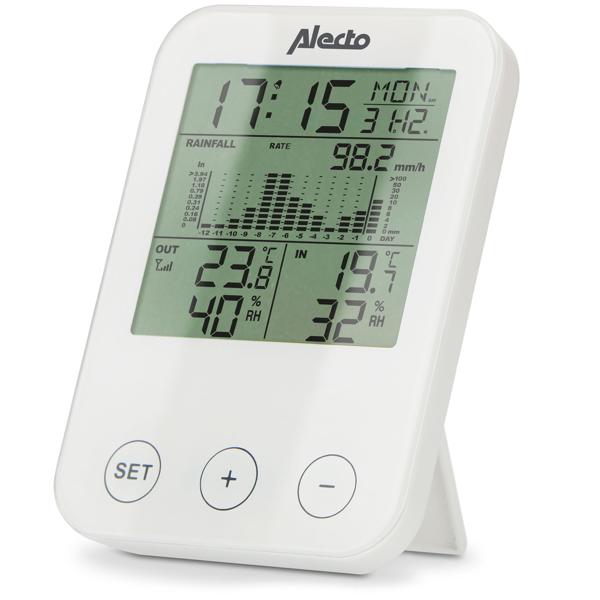 Wetterstation mit kabellosem Aussensensor – Misst Temperatur, Niederschlag & Funk-Wecker – 3.8" Display, 30m Reichweite, Min/Max-Speicherung