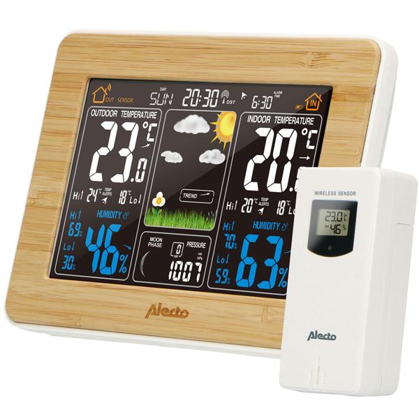 Wetterstation mit Funk-Aussensensor (100m) - Beleuchtetes Bambus-Display - Thermo-Hygro-Barometer, zuverlässige Wetterdaten für Ihr Zuhause
