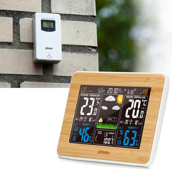 Wetterstation mit Funk-Aussensensor (100m) - Beleuchtetes Bambus-Display - Thermo-Hygro-Barometer, zuverlässige Wetterdaten für Ihr Zuhause
