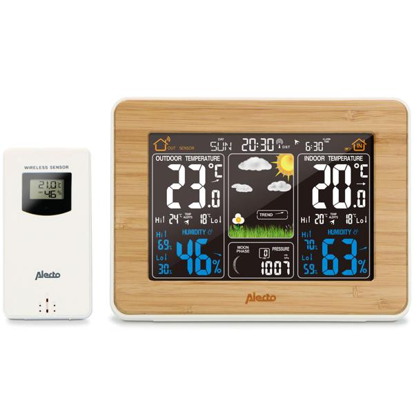Wetterstation mit Funk-Aussensensor (100m) - Beleuchtetes Bambus-Display - Thermo-Hygro-Barometer, zuverlässige Wetterdaten für Ihr Zuhause
