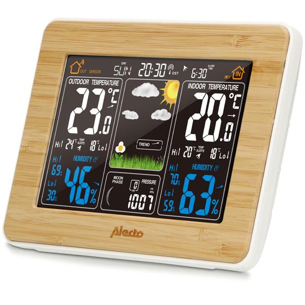 Wetterstation mit Funk-Aussensensor (100m) - Beleuchtetes Bambus-Display - Thermo-Hygro-Barometer, zuverlässige Wetterdaten für Ihr Zuhause