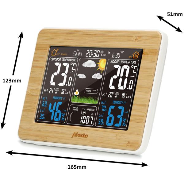 Wetterstation mit Funk-Aussensensor (100m) - Beleuchtetes Bambus-Display - Thermo-Hygro-Barometer, zuverlässige Wetterdaten für Ihr Zuhause