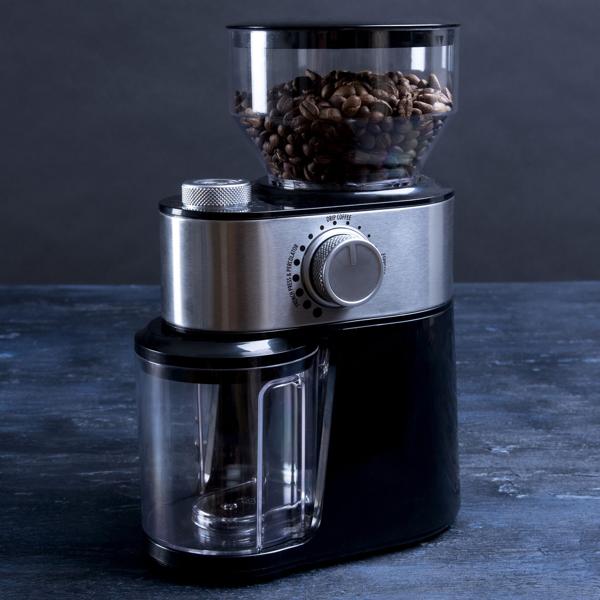 Edle elektrische Kaffeemühle, schwarz, 200g, 12 Mahlstufen, Stahl Mahlwerk, gebürsteter Edelstahl, Mahlen auf Profi Niveau