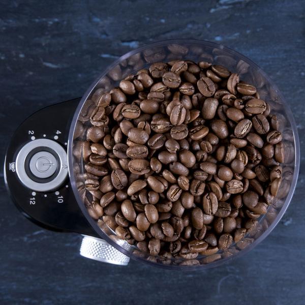 Edle elektrische Kaffeemühle, schwarz, 200g, 12 Mahlstufen, Stahl Mahlwerk, gebürsteter Edelstahl, Mahlen auf Profi Niveau