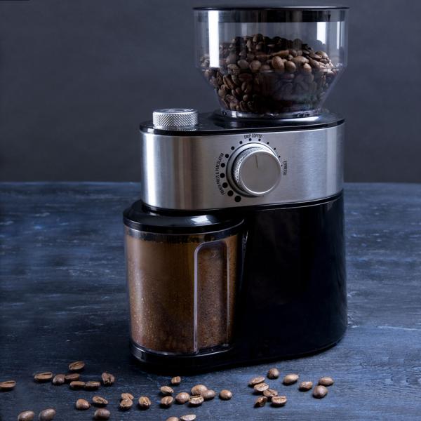 Edle elektrische Kaffeemühle, schwarz, 200g, 12 Mahlstufen, Stahl Mahlwerk, gebürsteter Edelstahl, Mahlen auf Profi Niveau