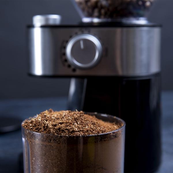 Edle elektrische Kaffeemühle, schwarz, 200g, 12 Mahlstufen, Stahl Mahlwerk, gebürsteter Edelstahl, Mahlen auf Profi Niveau