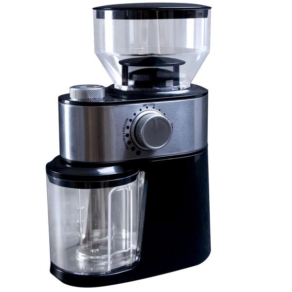 Edle elektrische Kaffeemühle, schwarz, 200g, 12 Mahlstufen, Stahl Mahlwerk, gebürsteter Edelstahl, Mahlen auf Profi Niveau