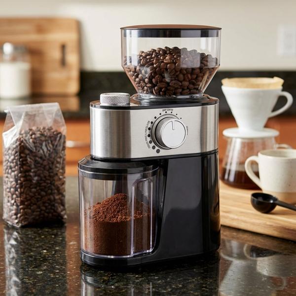 Edle elektrische Kaffeemühle, schwarz, 200g, 12 Mahlstufen, Stahl Mahlwerk, gebürsteter Edelstahl, Mahlen auf Profi Niveau