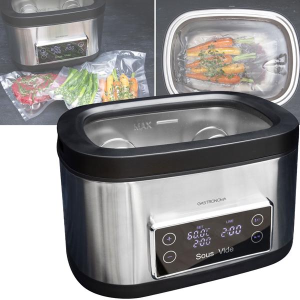 Profi Sous Vide Garer mit Behälter, 9L, 700 W, gebürsteter Edelstahl, LCD Display, für perfektes Vakuum Garen im Wasserbad