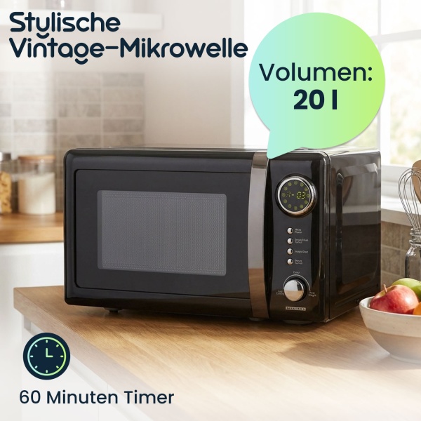 Stylische Vintage-Mikrowelle, 20 Liter, 700 Watt, 5 Stufen, schwarz. Robuster Retro-Mikrowellenofen, ideal für den modernen Küchen-Look