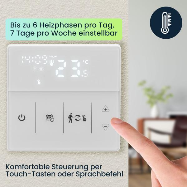 WLAN-Raumthermostat für Fussbodenheizung: App, Touch & Sprachsteuerung, weisses Design-LCD – Präzise, bequeme Heizungssteuerung
