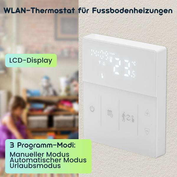 WLAN-Raumthermostat für Fussbodenheizung: App, Touch & Sprachsteuerung, weisses Design-LCD – Präzise, bequeme Heizungssteuerung