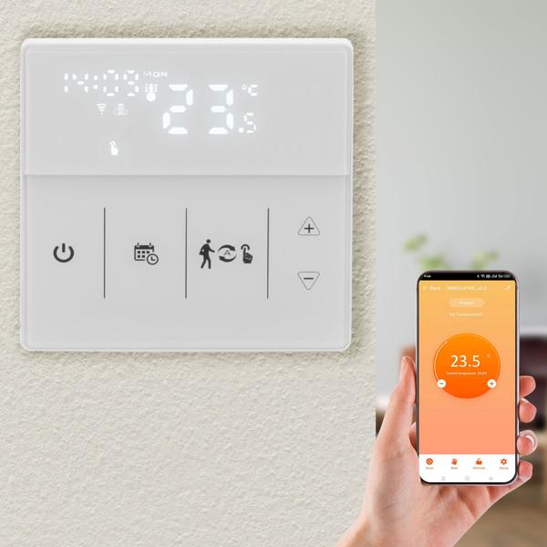 WLAN-Raumthermostat für Fussbodenheizung: App, Touch & Sprachsteuerung, weisses Design-LCD – Präzise, bequeme Heizungssteuerung