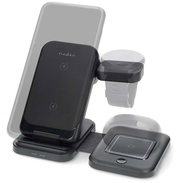 Schneller 3-in-1 Wireless Charger (15W, Qi) USB-C/A - schwarz, mit LED - für Smartphones, Watches, Pods & mehr - Komfort + Ordnung