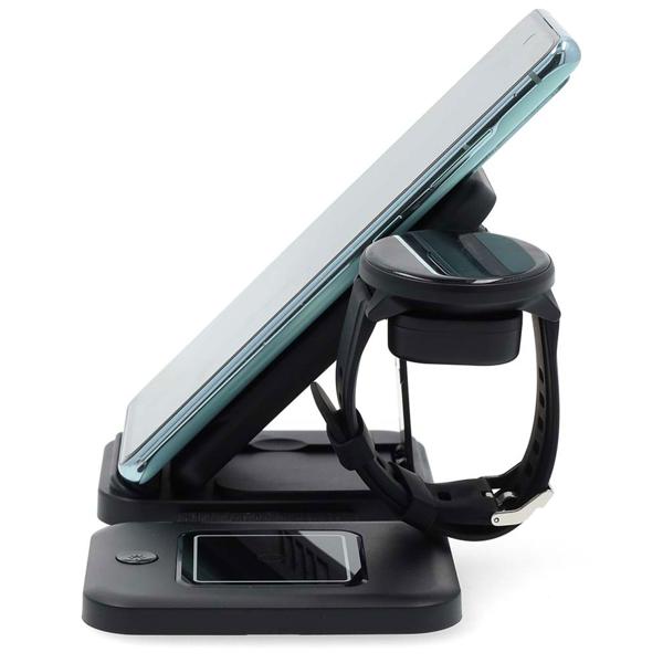 Schneller 3-in-1 Wireless Charger (15W, Qi) USB-C/A - schwarz, mit LED - für Smartphones, Watches, Pods & mehr - Komfort + Ordnung