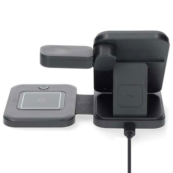 Schneller 3-in-1 Wireless Charger (15W, Qi) USB-C/A - schwarz, mit LED - für Smartphones, Watches, Pods & mehr - Komfort + Ordnung