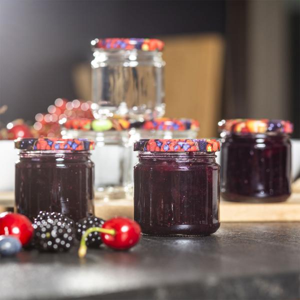 6 Einmachgläser (210ml) mit Schraubdeckel - Sturzgläser mit Früchte-Muster - Ideal für Marmelade, Gelee, Desserts - Luftdicht & hübsch