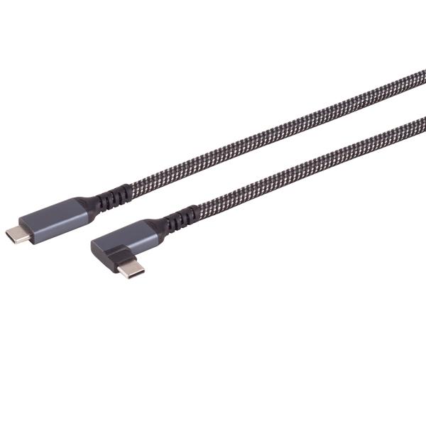 Schnellladekabel USB-C auf USB-C - 90° Winkelstecker, 2m, textil - Power Delivery 100W, 10 Gbit/s, 4K/60Hz, Thunderbolt 3 kompatibel - schwarz/weiss
