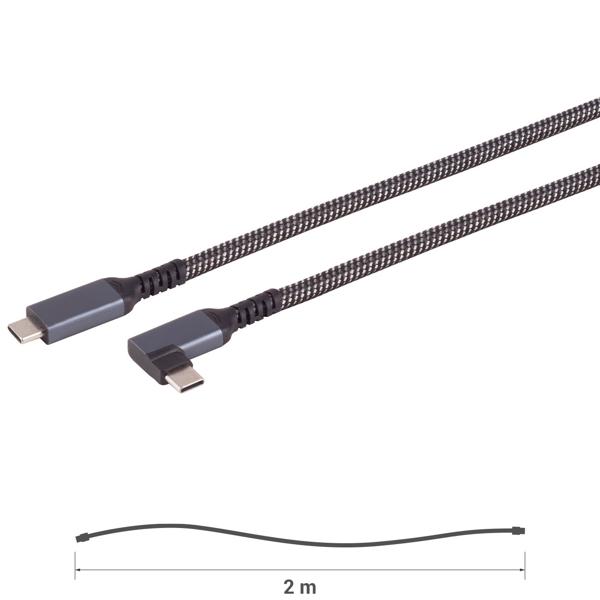 Schnellladekabel USB-C auf USB-C - 90° Winkelstecker, 2m, textil - Power Delivery 100W, 10 Gbit/s, 4K/60Hz, Thunderbolt 3 kompatibel - schwarz/weiss