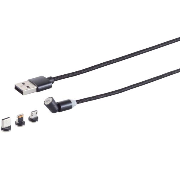3er-Set 3in1 Magnet Ladekabel,USB-A auf USB Micro-B, USB-C & Lightning, schwarz, 2 m
