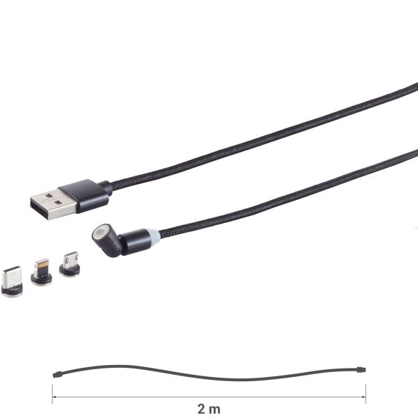 3er-Set 3in1 Magnet Ladekabel,USB-A auf USB Micro-B, USB-C & Lightning, schwarz, 2 m