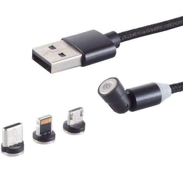 2er-Set 3in1 Magnet Ladekabel,USB-A auf USB Micro-B, USB-C & Lightning, schwarz, 2 m