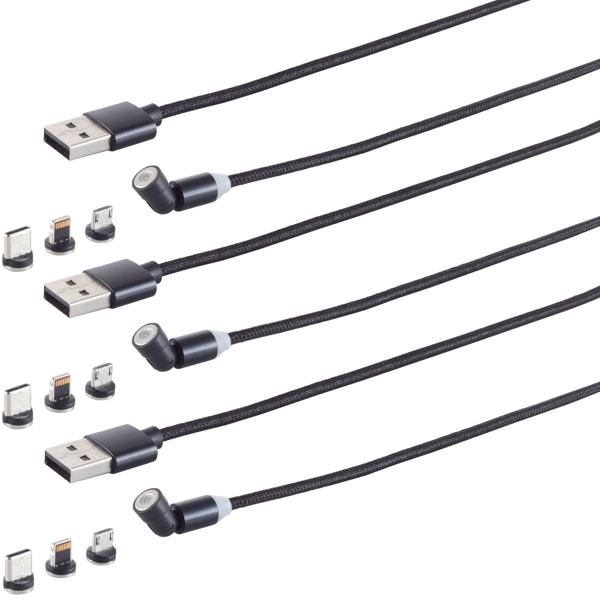 3er-Set 3in1 Magnet Ladekabel,USB-A auf USB Micro-B, USB-C & Lightning, schwarz, 2 m