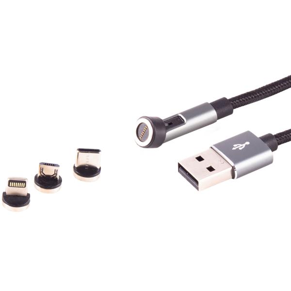 2er-Set 3in1 Magnet Ladekabel - Schnellladefunktion & Datentransfer - USB Micro-B, USB-C, Lightning, 2m, 180°/360° drehbar, Textilgewebe, schwarz