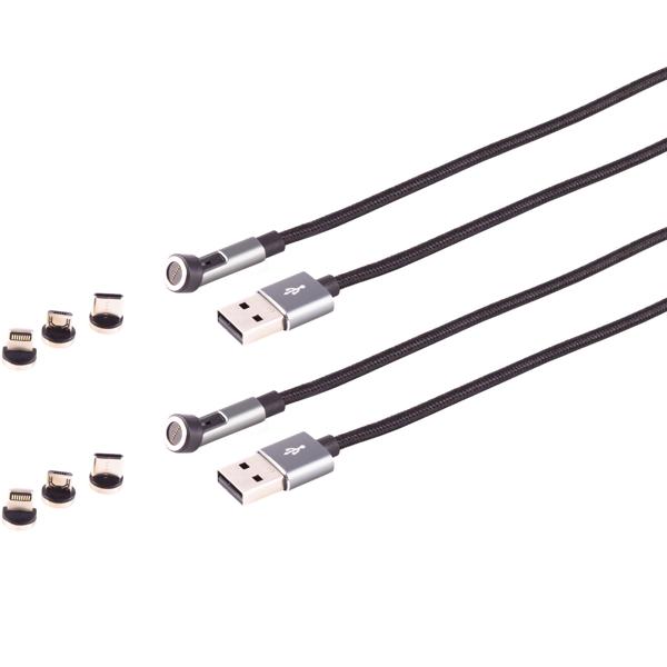 2er-Set 3in1 Magnet Ladekabel - Schnellladefunktion & Datentransfer - USB Micro-B, USB-C, Lightning, 2m, 180°/360° drehbar, Textilgewebe, schwarz