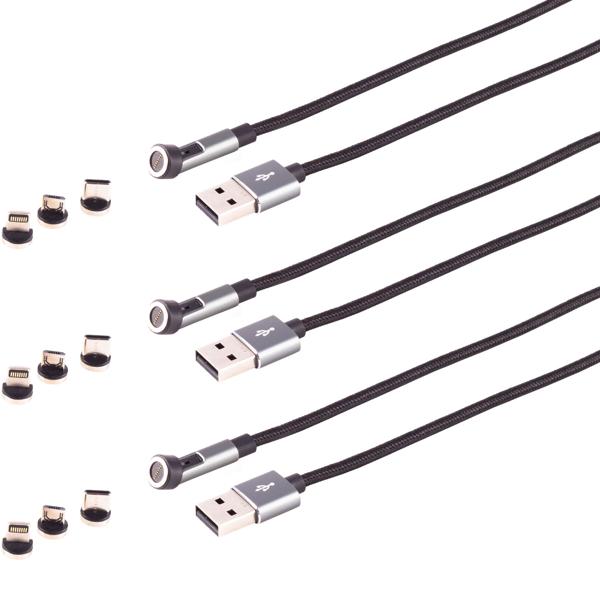 3er-Set 3in1 Magnet Ladekabel - schnelles Laden & Datenübertragung für Smartphone Tablet Laptop - USB Micro-B-USB-C-Lightning - 2m schwarz - Textilgewebe