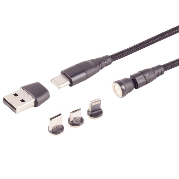 6in1 Magnet Ladekabel - PowerDelivery 60W, USB-C/A auf Micro-B/C/Lightning - 180° winkelbarer Magnetstecker, 2m - Textilmantel, Schwarz