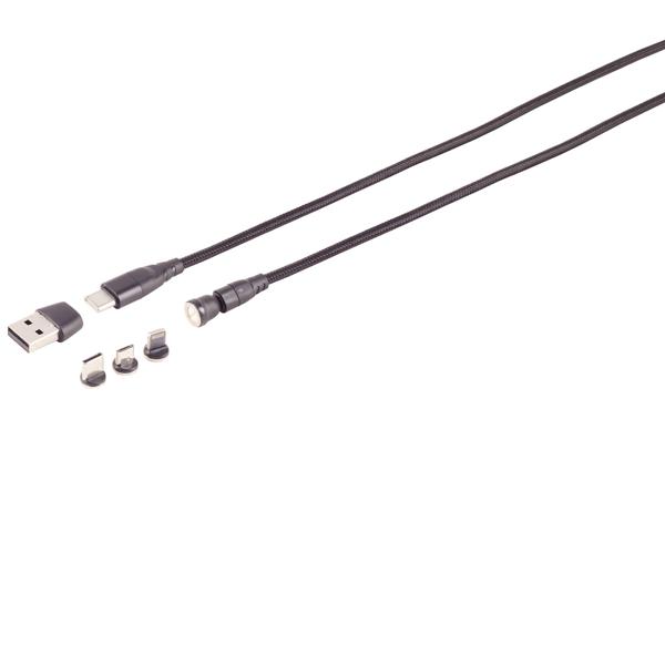 6in1 Magnet Ladekabel - PowerDelivery 60W, USB-C/A auf Micro-B/C/Lightning - 180° winkelbarer Magnetstecker, 2m - Textilmantel, Schwarz