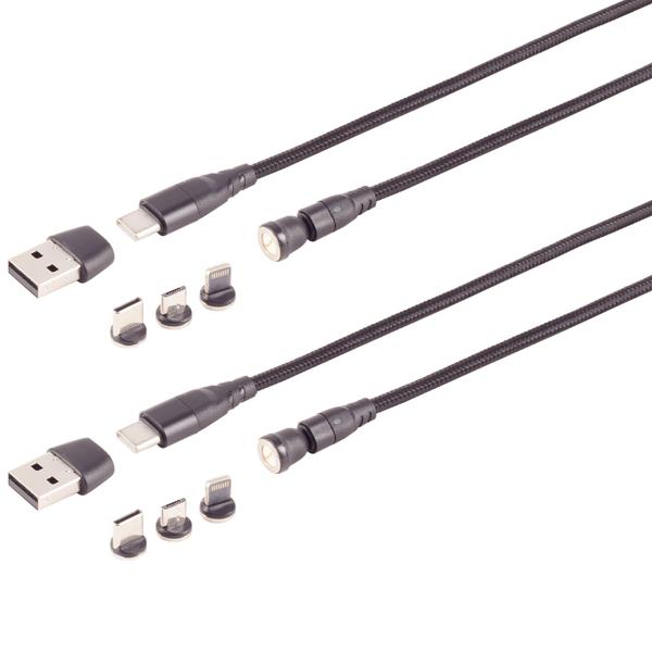 2er-Set 6in1 Magnet Ladekabel - PD 60W schnelles Laden & Datenübertragung - USB-C/A auf Micro-B, USB-C & Lightning - 180° winkelbar 360° drehbar - 2m schwarz
