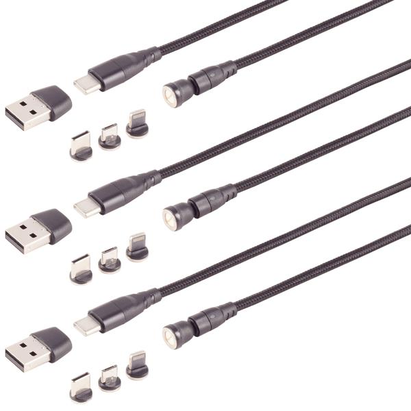 3er-Set 6in1 Magnet Ladekabel - PD 60W schnelles Laden & Datenübertragung für Smartphone, Tablet, Laptop - USB-C/A auf Micro-B, USB-C & Lightning - 2m